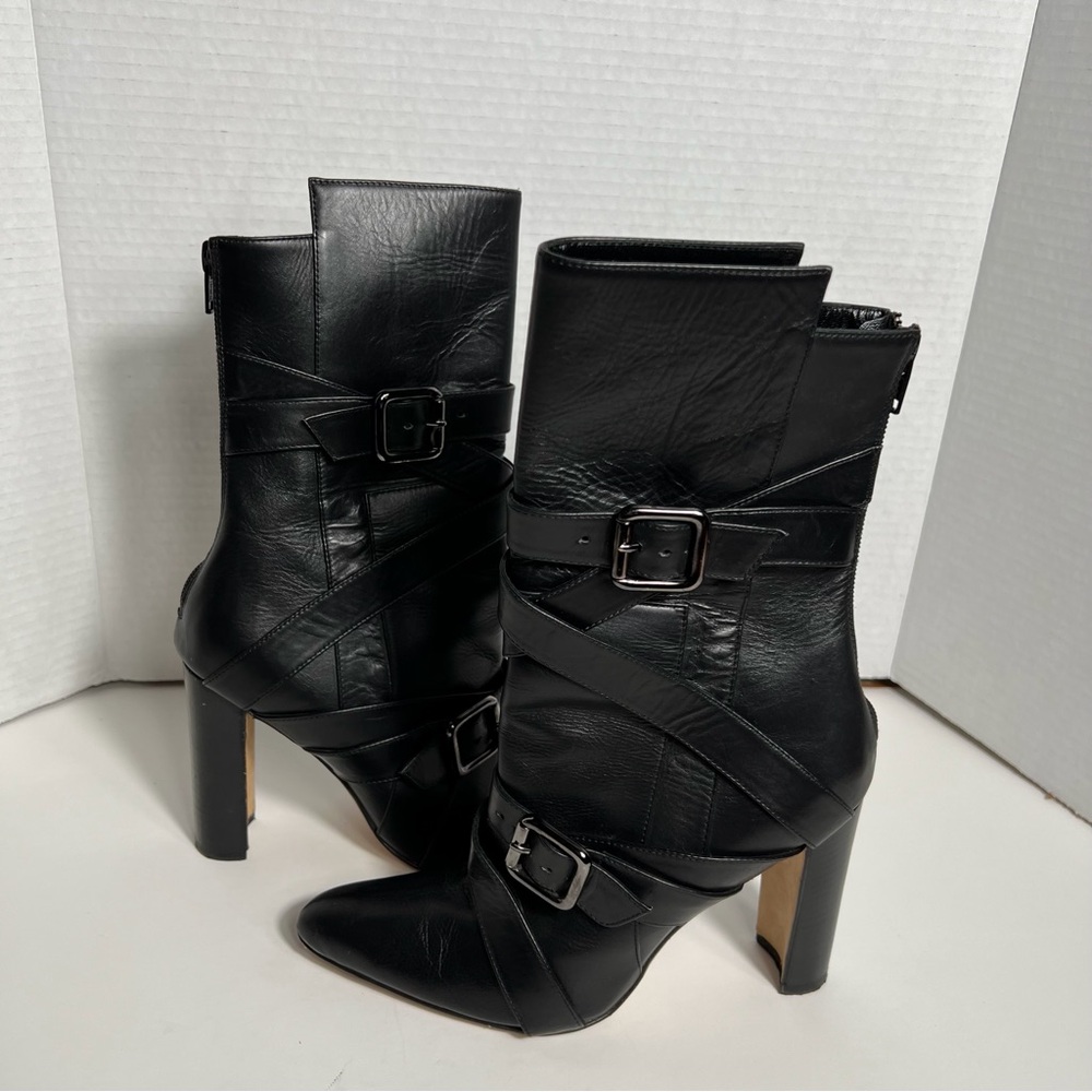Manolo Blahnik Womens Black Leather Strappy Buckle Zip Boots Size 36.5 Italy